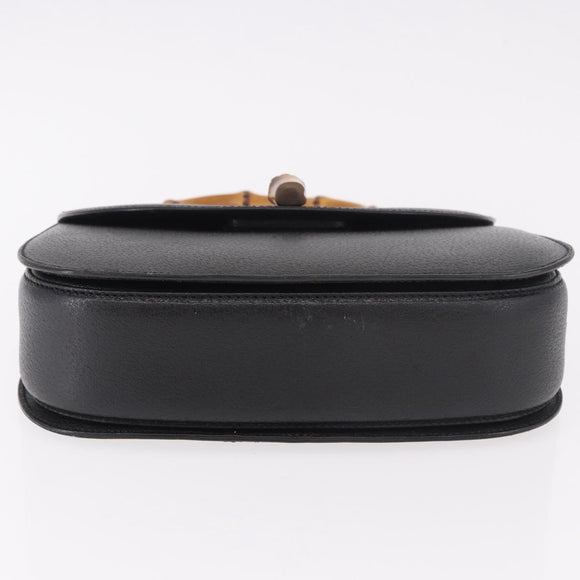 GUCCI Bamboo Hand Bag Leather Black Gold Auth 183361V