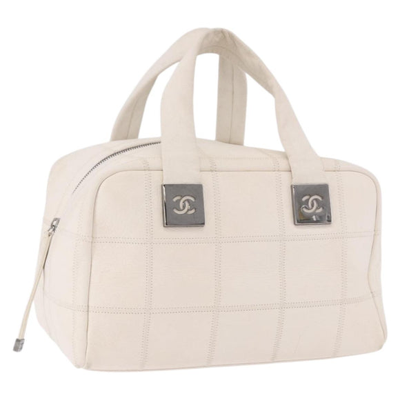 CHANEL Choco Bar Hand Bag Lamb Skin White Silver CC Auth 183371A