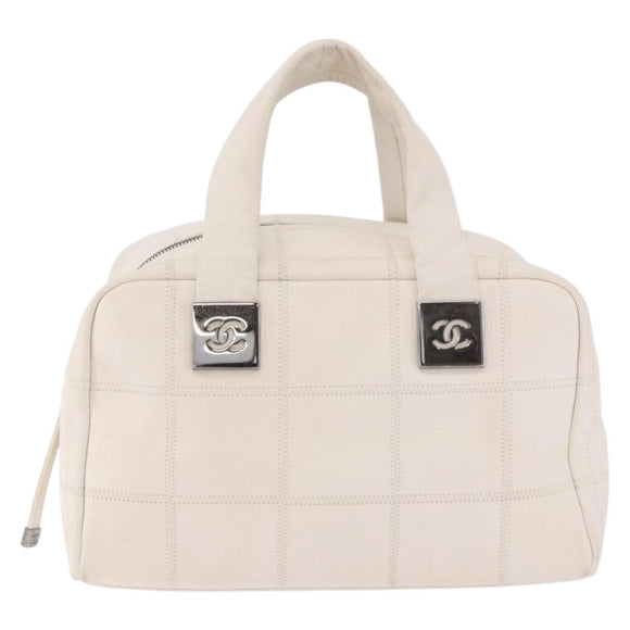 CHANEL Choco Bar Hand Bag Lamb Skin White Silver CC Auth 183371A