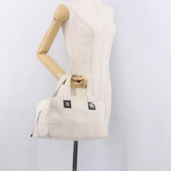 CHANEL Choco Bar Hand Bag Lamb Skin White Silver CC Auth 183371A