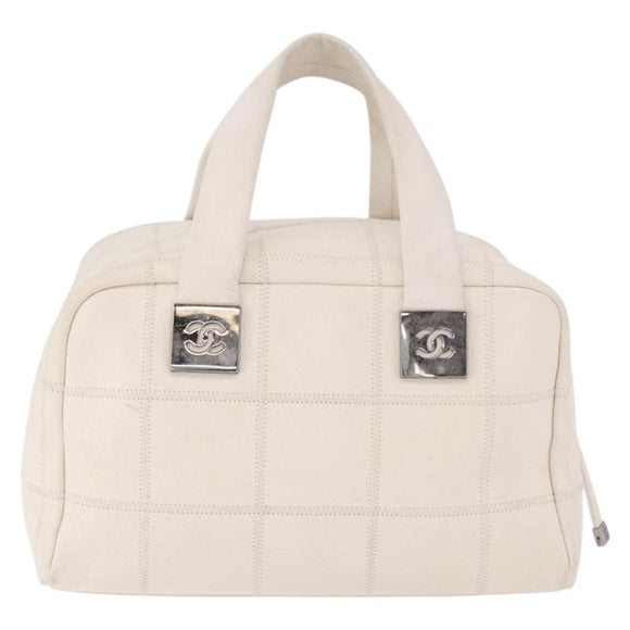 CHANEL Choco Bar Hand Bag Lamb Skin White Silver CC Auth 183371A