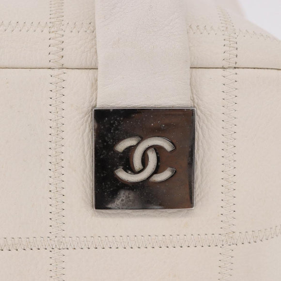 CHANEL Choco Bar Hand Bag Lamb Skin White Silver CC Auth 183371A