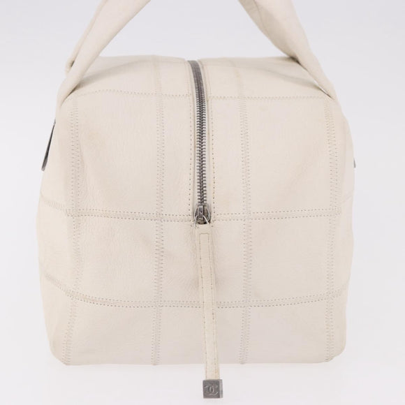 CHANEL Choco Bar Hand Bag Lamb Skin White Silver CC Auth 183371A