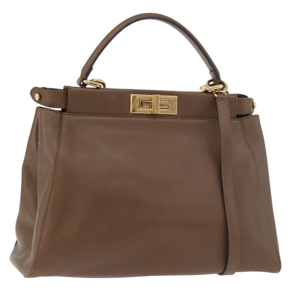 FENDI Peek A Boo Hand Bag Leather 2way Gold Brown Auth 183373A