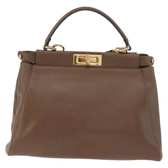 FENDI Peek A Boo Hand Bag Leather 2way Gold Brown Auth 183373A