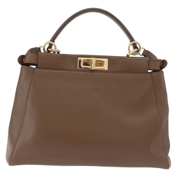 FENDI Peek A Boo Hand Bag Leather 2way Gold Brown Auth 183373A