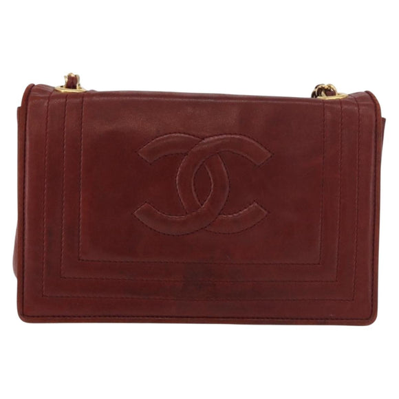 CHANEL Chain Shoulder Bag Lamb Skin Bordeaux Gold CC Auth 183375