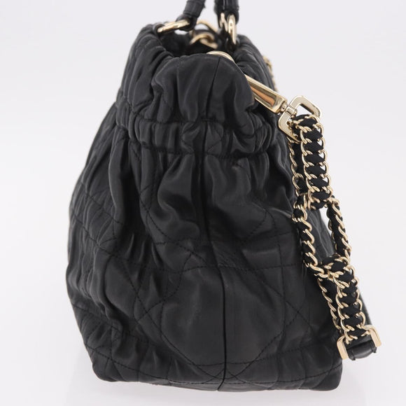 Christian Dior Lady Dior Hand Bag Leather 2way Black Gold Auth 183380