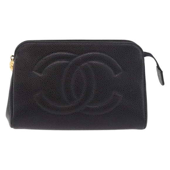 CHANEL Pouch Caviar Skin Black Gold CC Auth 183391