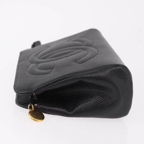 CHANEL Pouch Caviar Skin Black Gold CC Auth 183391
