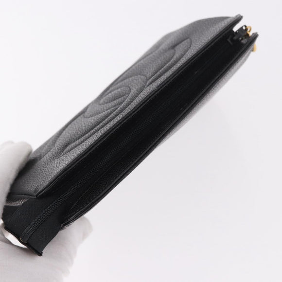 CHANEL Pouch Caviar Skin Black Gold CC Auth 183391