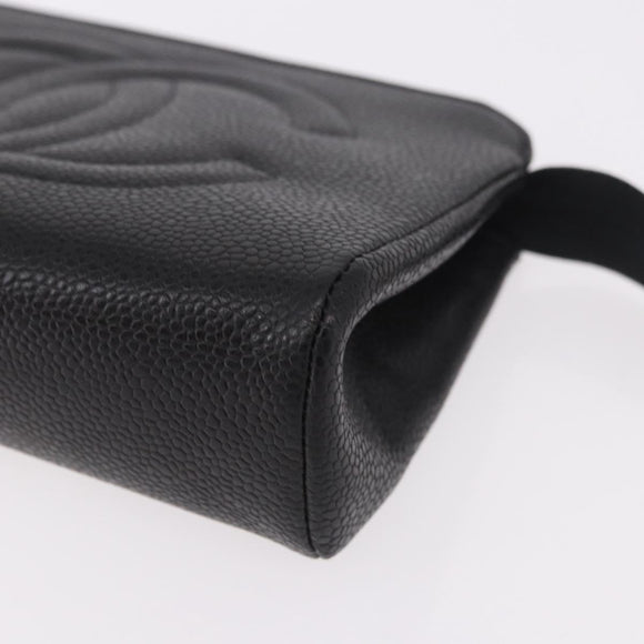 CHANEL Pouch Caviar Skin Black Gold CC Auth 183391