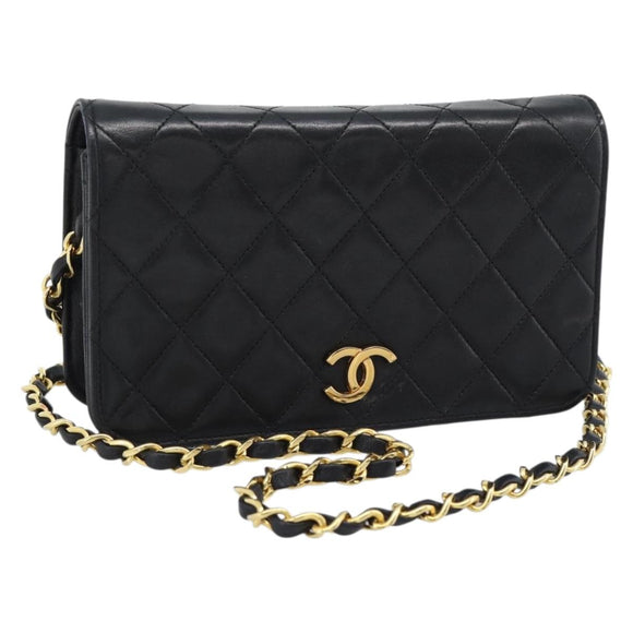 CHANEL Matelasse Chain Shoulder Bag Lamb Skin Black Gold CC Auth 183393