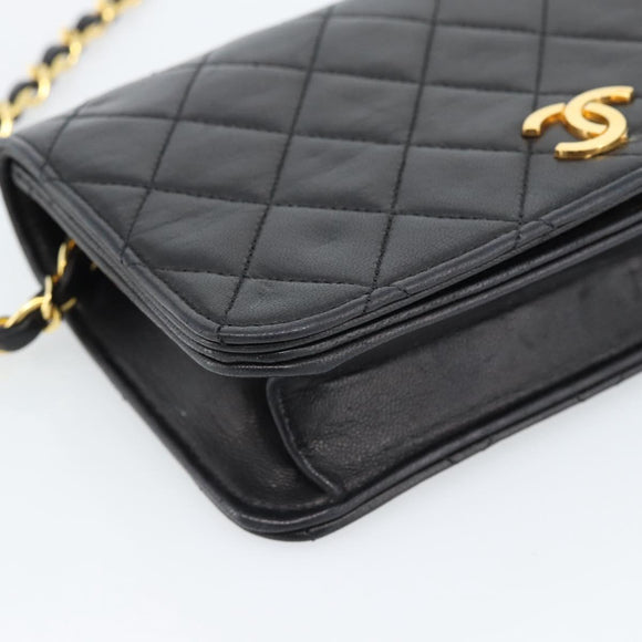 CHANEL Matelasse Chain Shoulder Bag Lamb Skin Black Gold CC Auth 183393
