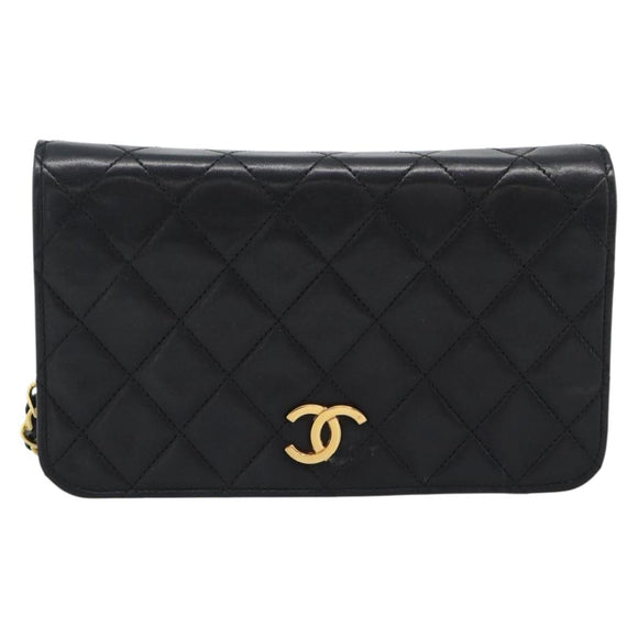 CHANEL Matelasse Chain Shoulder Bag Lamb Skin Black Gold CC Auth 183393