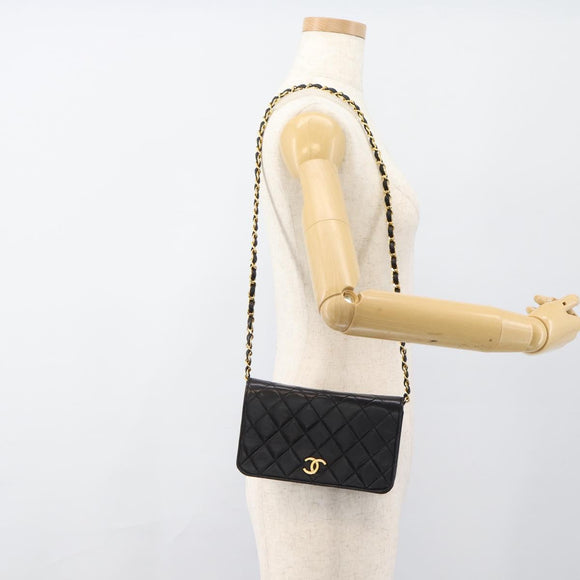 CHANEL Matelasse Chain Shoulder Bag Lamb Skin Black Gold CC Auth 183393