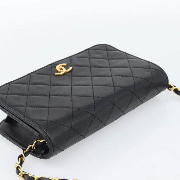 CHANEL Matelasse Chain Shoulder Bag Lamb Skin Black Gold CC Auth 183393