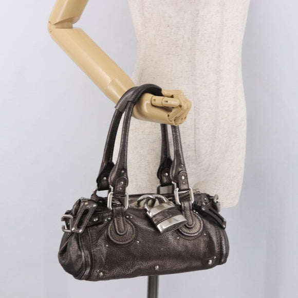 Chloe Paddington Mini Hand Bag Leather Silver Metallic gray Auth 183406A