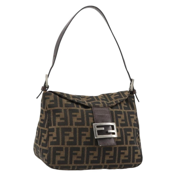 FENDI Zucca Canvas Mamma Baguette Shoulder Bag Black Brown Silver Auth 183462V
