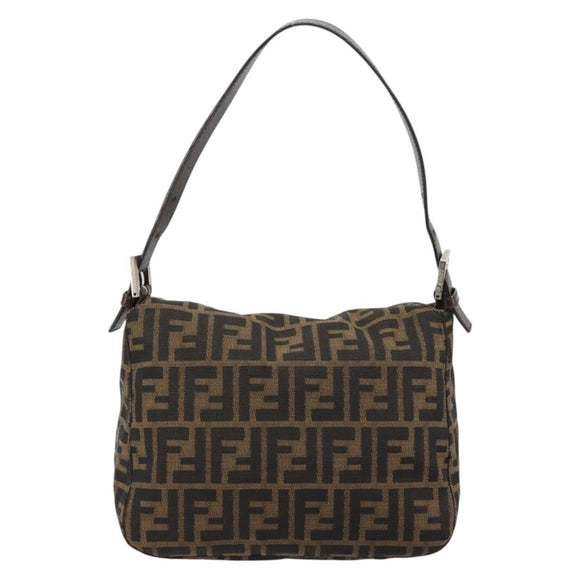 FENDI Zucca Canvas Mamma Baguette Shoulder Bag Black Brown Silver Auth 183462V