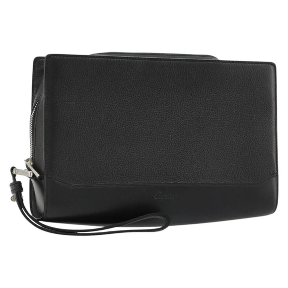 CARTIER Clutch Bag Leather Black Silver Auth 183463A