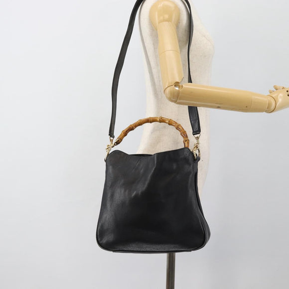 GUCCI Bamboo Shoulder Bag Leather 2way Black Gold 001 3754 1638 Auth 183478