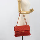CHANEL Matelasse Double Face Chain Bag Lamb Skin Red Gold CC Auth 183486V-24