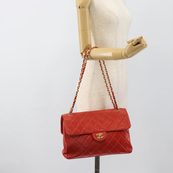 CHANEL Matelasse Double Face Chain Bag Lamb Skin Red Gold CC Auth 183486V