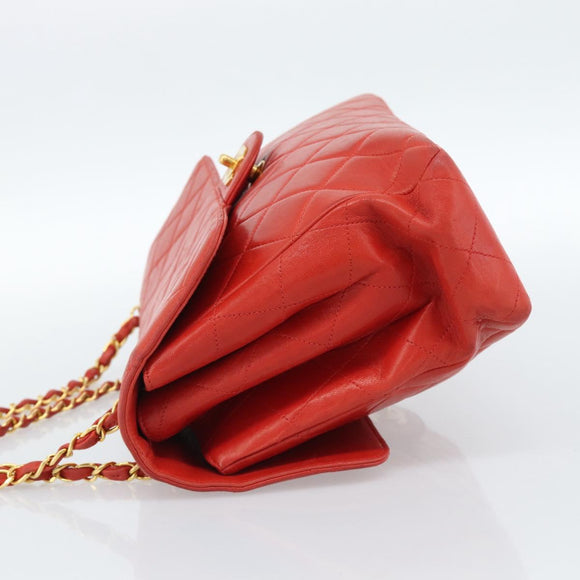 CHANEL Matelasse Double Face Chain Bag Lamb Skin Red Gold CC Auth 183486V