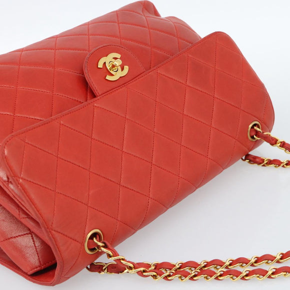 CHANEL Matelasse Double Face Chain Bag Lamb Skin Red Gold CC Auth 183486V
