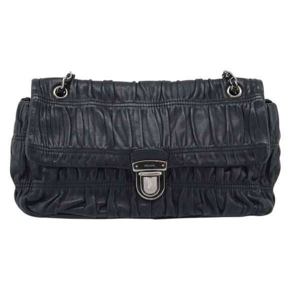 PRADA Chain Shoulder Bag Leather Black Silver Auth 183490