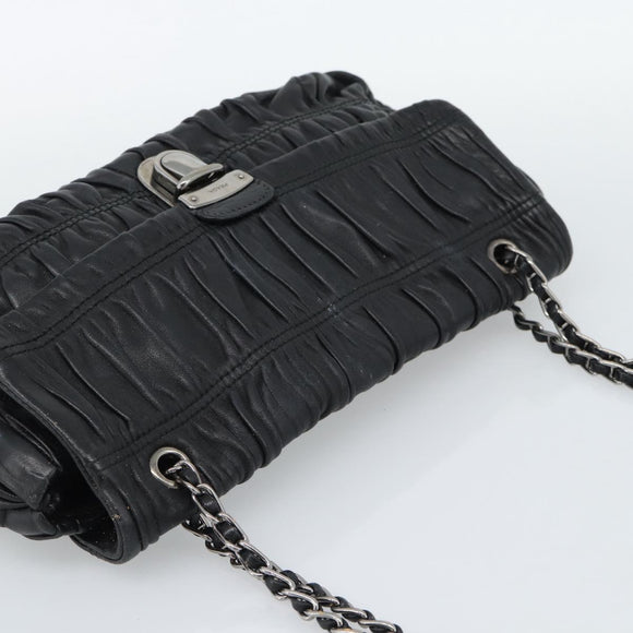PRADA Chain Shoulder Bag Leather Black Silver Auth 183490