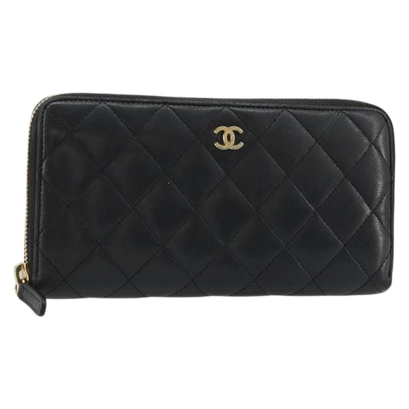 CHANEL Matelasse Lange Portemonnee Lamsleer Zwart Goud CC Auth 183495