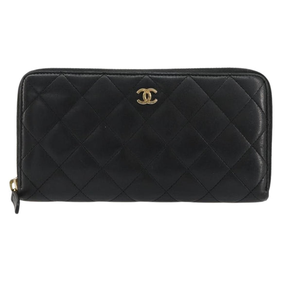 CHANEL Matelasse Long Wallet Lamb Skin Black Gold CC Auth 183495