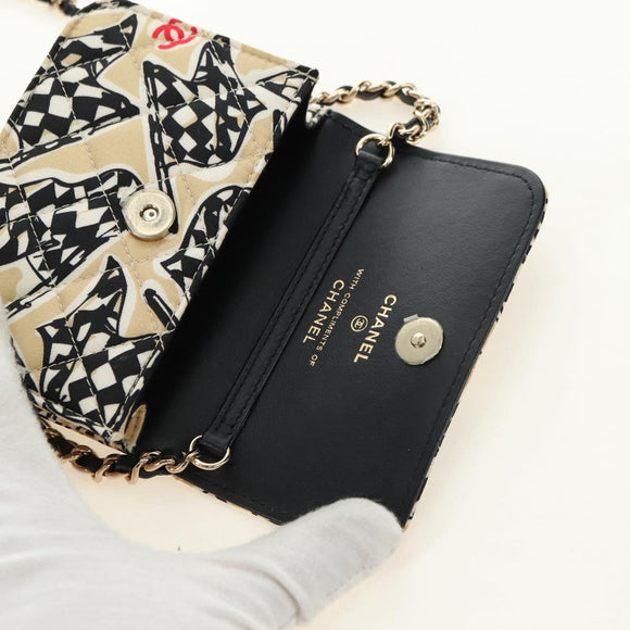 CHANEL Chain Shoulder Pouch Mini Matelasse Satin Beige Gold CC Auth 183621M