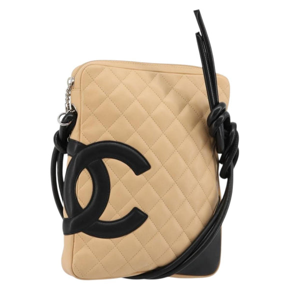 CHANEL Matelassé Cambon Line Schultertasche Leder Beige Silber CC Auth 183625M