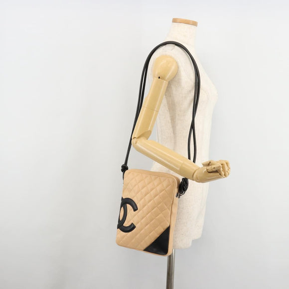 CHANEL Matelasse Cambon Line Shoulder Bag Leather Beige Silver CC Auth 183625M