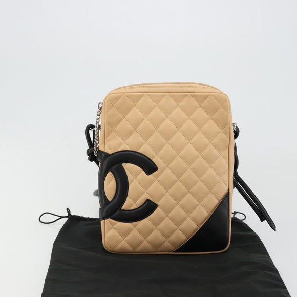 CHANEL Matelasse Cambon Line Shoulder Bag Leather Beige Silver CC Auth 183625M