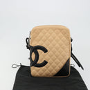 CHANEL Matelassé Cambon Line Schultertasche Leder Beige Silber CC Auth 183625M-12