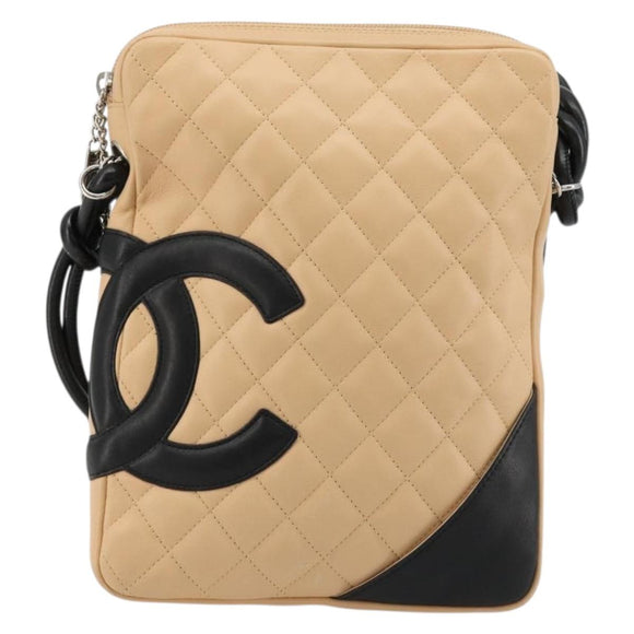 CHANEL Matelassé Cambon Line Schultertasche Leder Beige Silber CC Auth 183625M