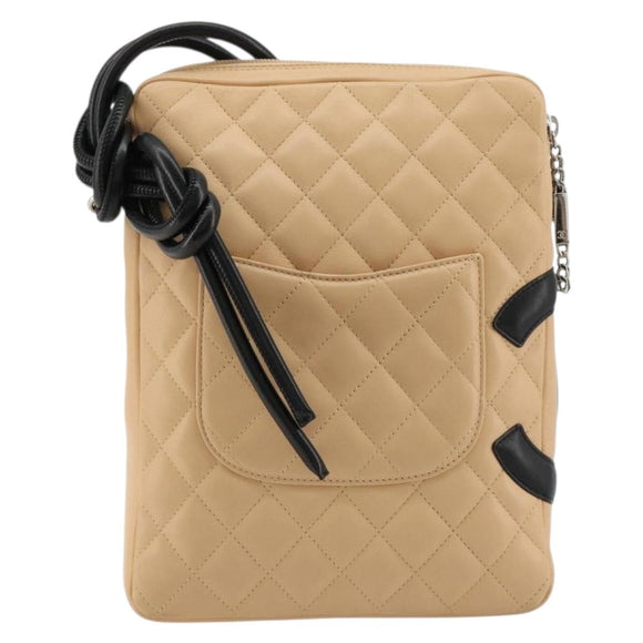 CHANEL Matelassé Cambon Line Schultertasche Leder Beige Silber CC Auth 183625M