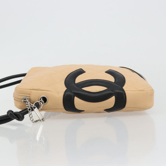 CHANEL Matelassé Cambon Line Schultertasche Leder Beige Silber CC Auth 183625M