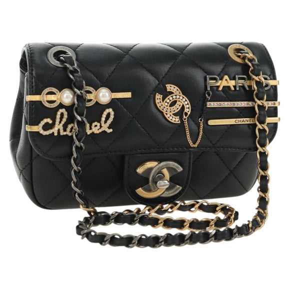 CHANEL Mini Matelasse 17 Kettingtas Lamsleer Zwart Goud CC Auth 183626SM