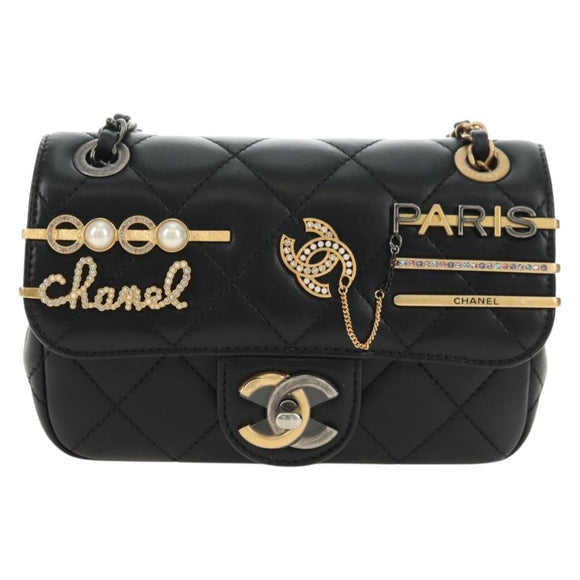 CHANEL Mini Matelasse 17 Kettingtas Lamsleer Zwart Goud CC Auth 183626SM