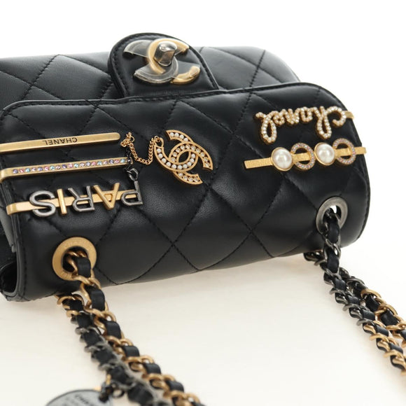 CHANEL Mini Matelasse 17 Kettingtas Lamsleer Zwart Goud CC Auth 183626SM
