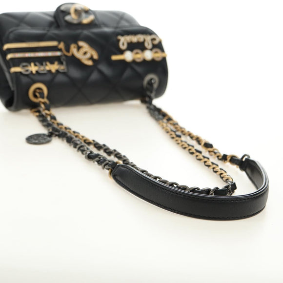 CHANEL Mini Matelasse 17 Kettingtas Lamsleer Zwart Goud CC Auth 183626SM