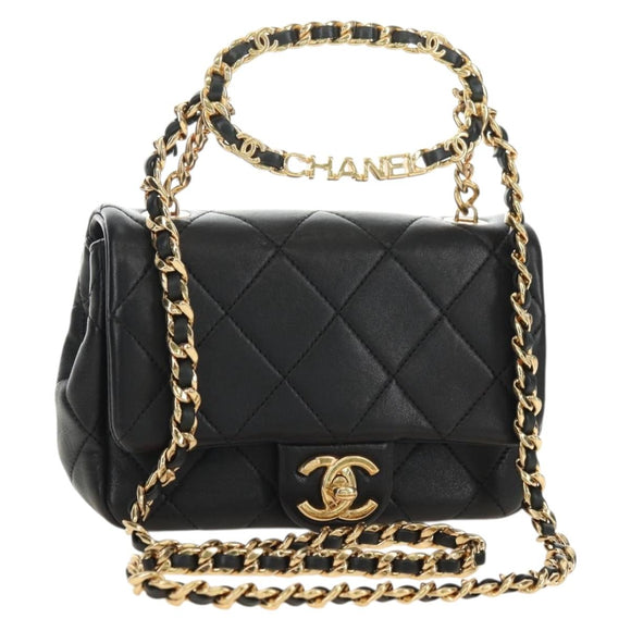 CHANEL Mini Matelasse 19 Chain Bag Lamb Skin 2way Black Gold CC Auth 183629SM