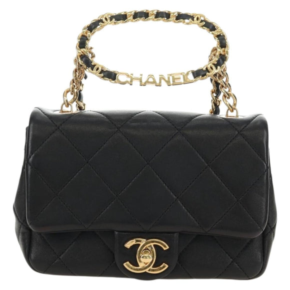 CHANEL Mini Matelasse 19 Chain Bag Lamb Skin 2way Black Gold CC Auth 183629SM