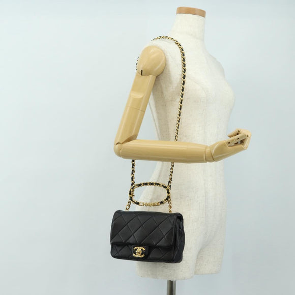 CHANEL Mini Matelasse 19 Chain Bag Lamb Skin 2way Black Gold CC Auth 183629SM
