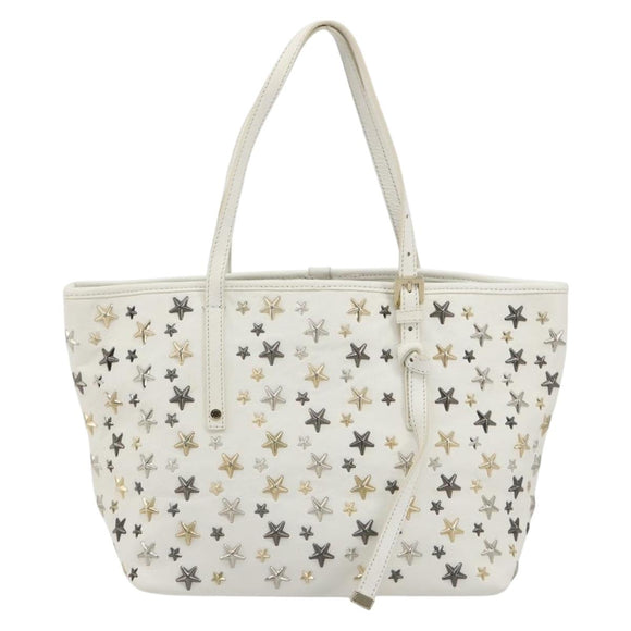 Jimmy Choo Tote Bag Leather White Gold Silver Auth 183632A